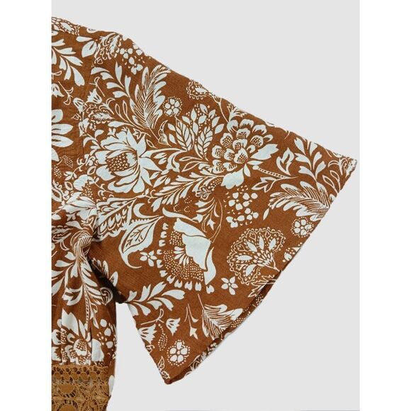Cute Floral Ditsy Dress Nuetral Deep Tan Lace Waist Western Vibe Small - Picture 11 of 13